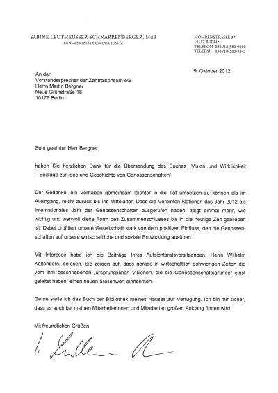 Brief der Bundesministerin der Justiz
