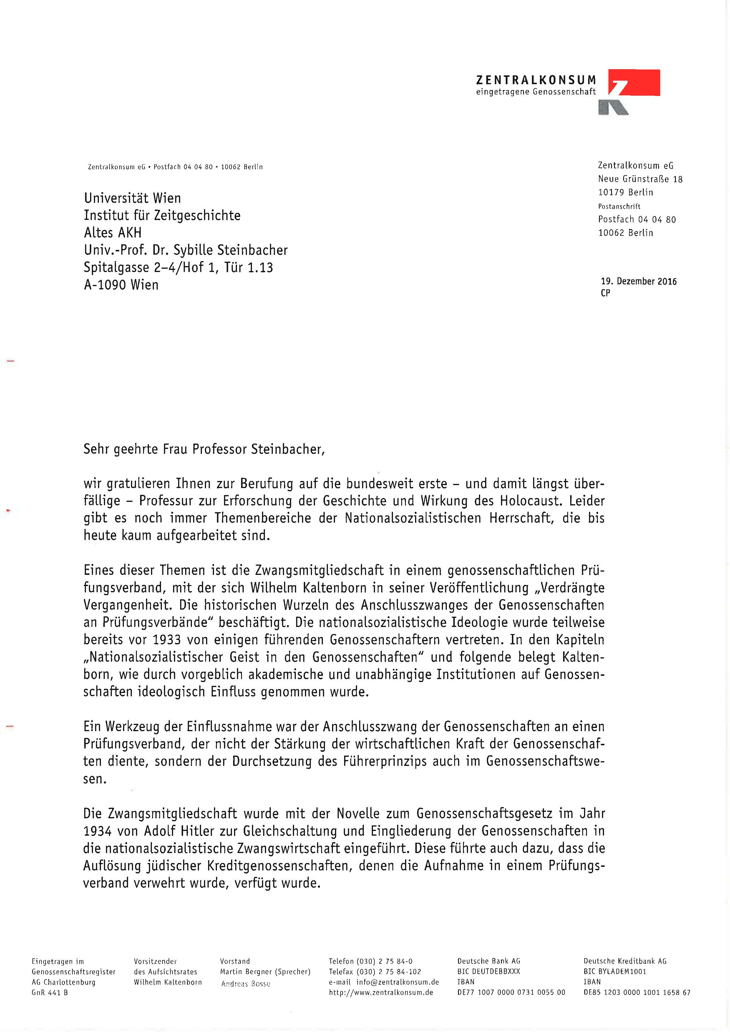 Anschreiben Prof. Steinbacher anlässlich Berufung auf den Holocaust-Lehrstuhl